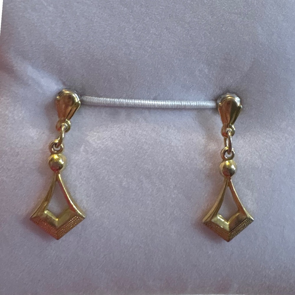1960s Gold Tone Geometric Open Diamond Drop Dangle Earrings Textured Finish - Picture 7 of 12